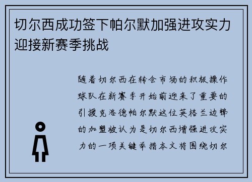 切尔西成功签下帕尔默加强进攻实力迎接新赛季挑战