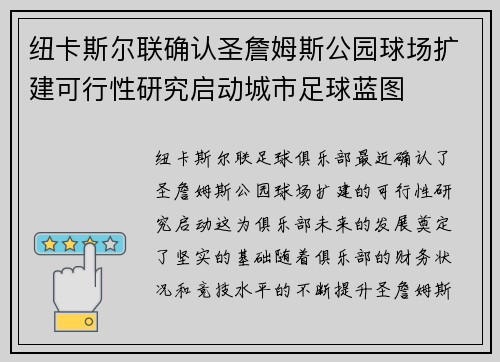 纽卡斯尔联确认圣詹姆斯公园球场扩建可行性研究启动城市足球蓝图